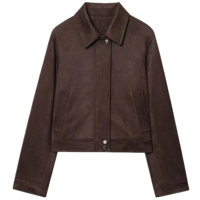 Fall 2025 New Women's Faion Leather Jaet ort Coat Long Sve Turn-down Collar Versatile Outerwear 8073254