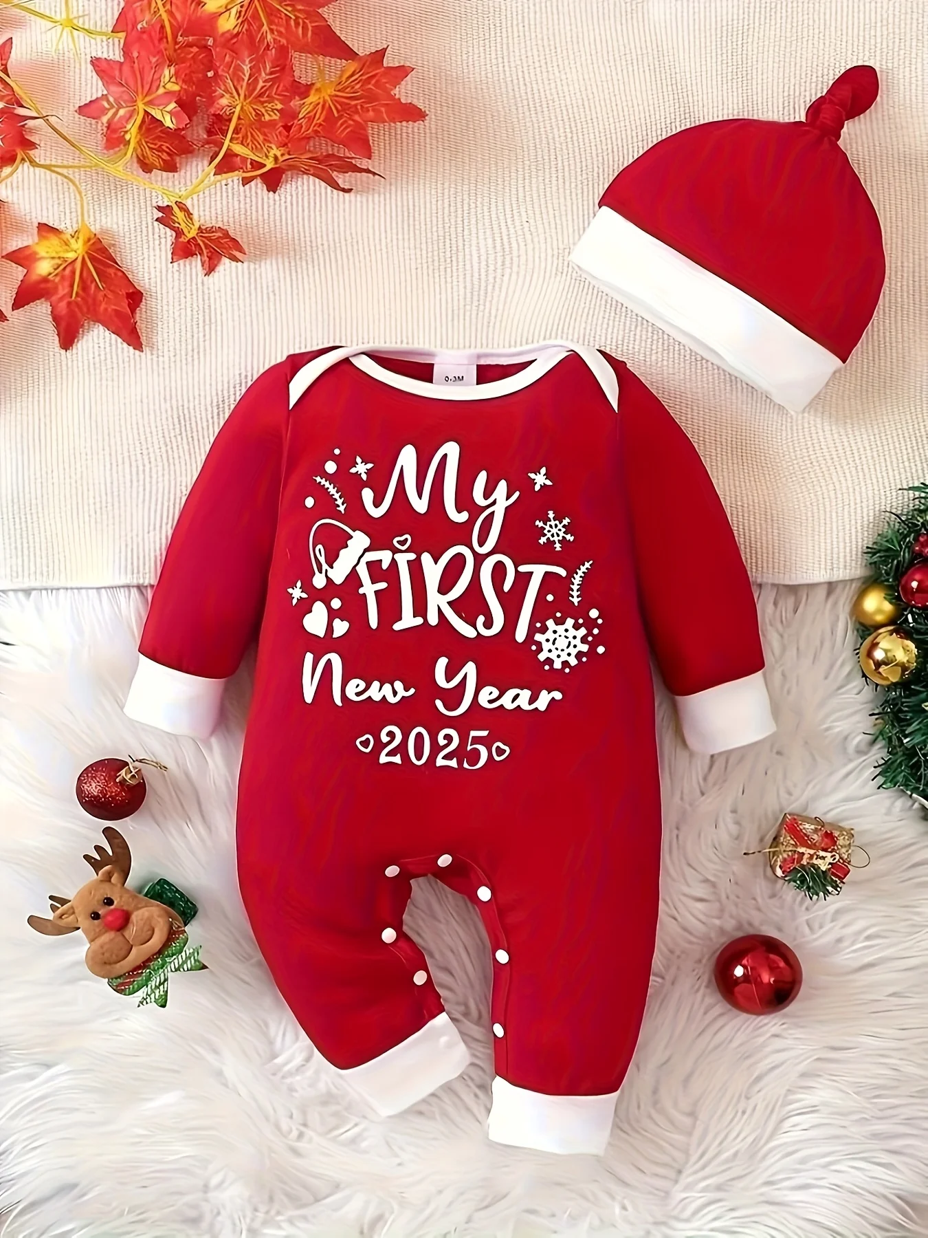 Spring and Autumn Baby and Toddler Unisex Crewneck Letter Print Color Block Spliced Romper - Christmas Limited Editio