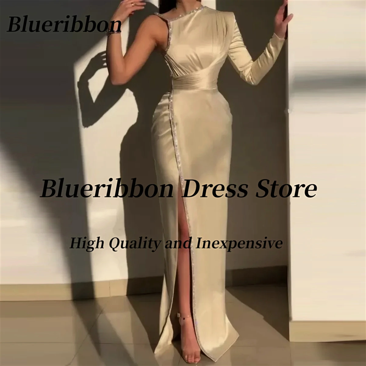 Blueribbon Vestidos Des Prom Dresses Side Slit Chain Drill Evening Party Gowns Long Sleeve Birthday Banquet Dress