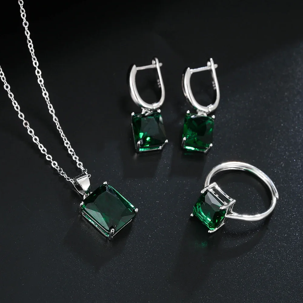 LXOEN Luxury Original Green Earrings Silver Gold Plated Jewelry Sets Fashion Women Bridal Square-shaped Stone Necklace Ring Sets