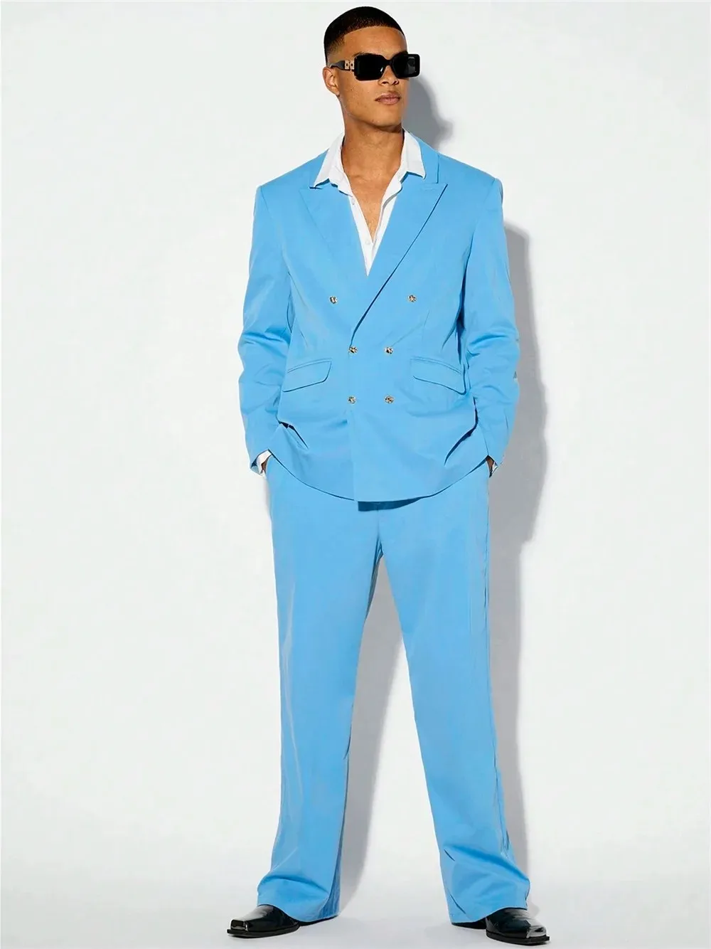 

Sky Blue Men's Suit Summer Casual 2 Piece Formal Business Male Double Breasted Clothing Groom Wedding Peaked Lapel Custom Suit