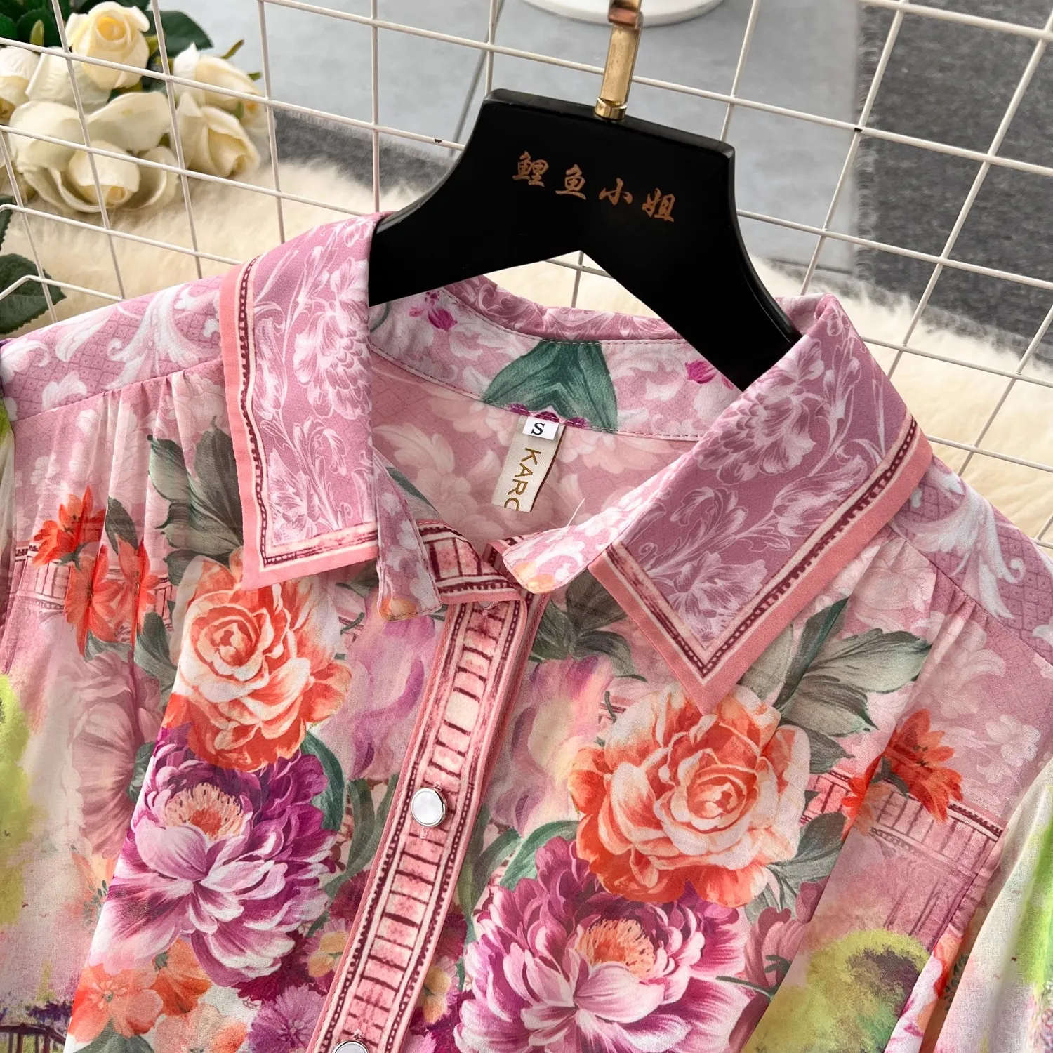 Spring Summer Holiday Gorgeous Flower Chiffon Dresses Women\'s Stand Long Lantern Sleeve Belt Floral Print Loose Robe Vestidos