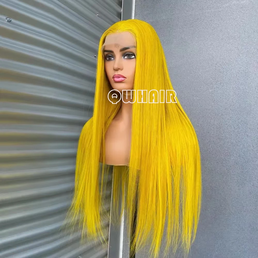 QW Synthetic Hair Bright Yellow  Straight 13X4 Soft  Lace Front Wig For Women Hair Heat Resistant Fiber Cosplay  Daily