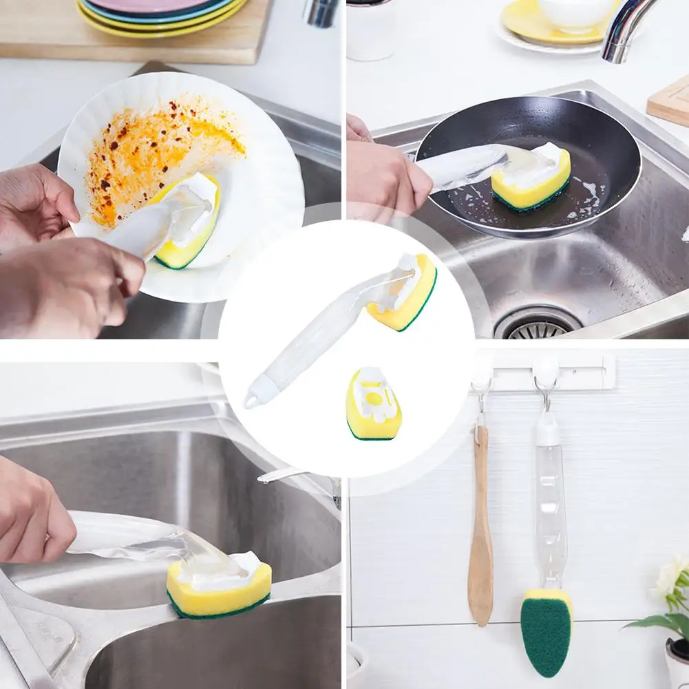 Detergent Pot Brush Long Handle Automatic Liquid Filling Detachable Non-stick Sponge Brush Cloth Kitchen Brush Cleaning Oil L6I8