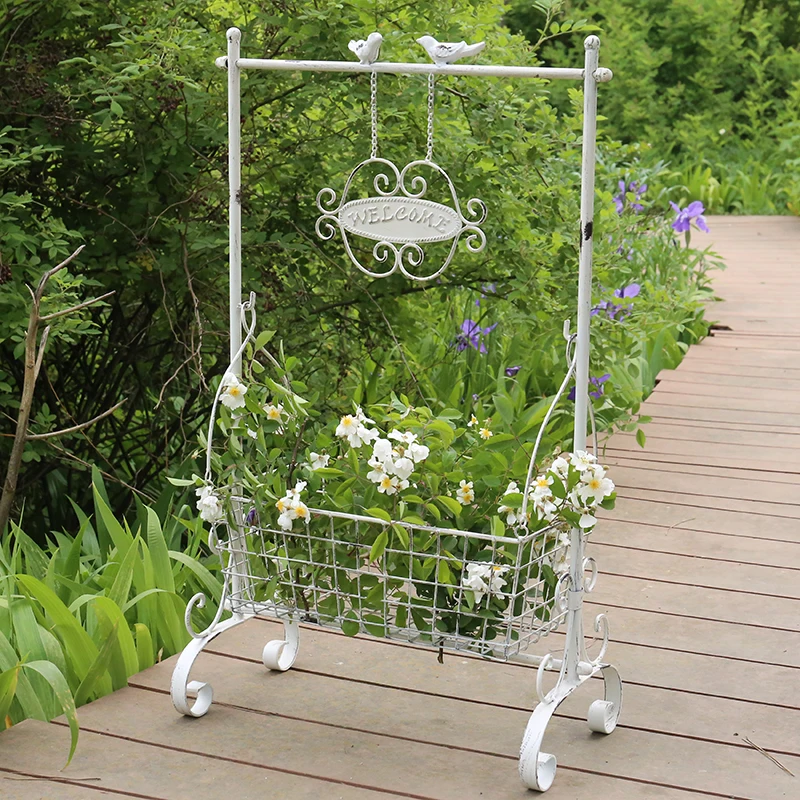 Vintage Rustic Iron Stand with Hanging Wire Basket Welcome Sign for Flower Planter Pot Storage Decoration