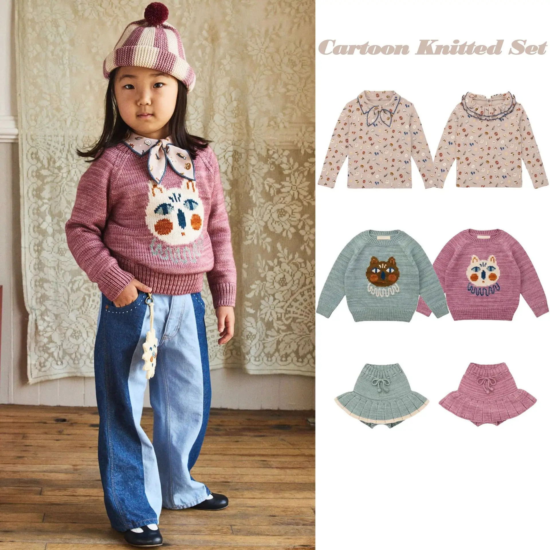 Girls Sweater 2026 Winter New Thickened Warm Boys Girls Knit Pullover Knit Short Skirt Cotton Printed Girls Long Sleeve T-Shirt
