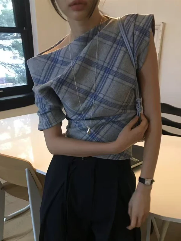 

ort oulder Angle Plaid irt Женская мода Универсальная корейская прямая трубка для поездок на работу Корейская Sle irt