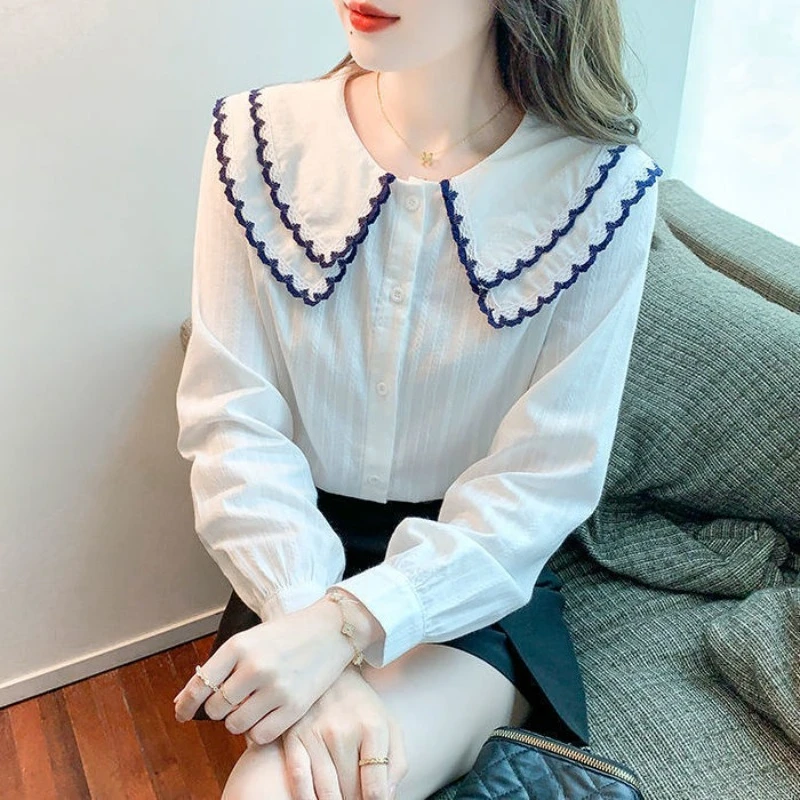 Szyfonowe Białe Koszule i Bluzki Damskie Styl Koreański Nowa Kolekcja 2025 Promocja Vintage Młodzieżowe Ubrania Zapinane na Guziki Damski Top