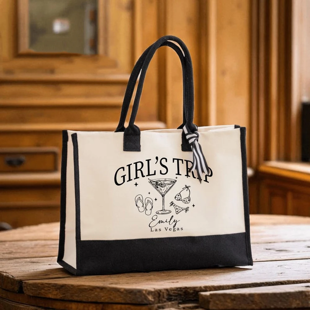 

Personalized Girls Trip Tote Bag Aesthetic Printed Canvas Shoulder Bag Beach Trip Bag Ladies Weekend Vacation Gift