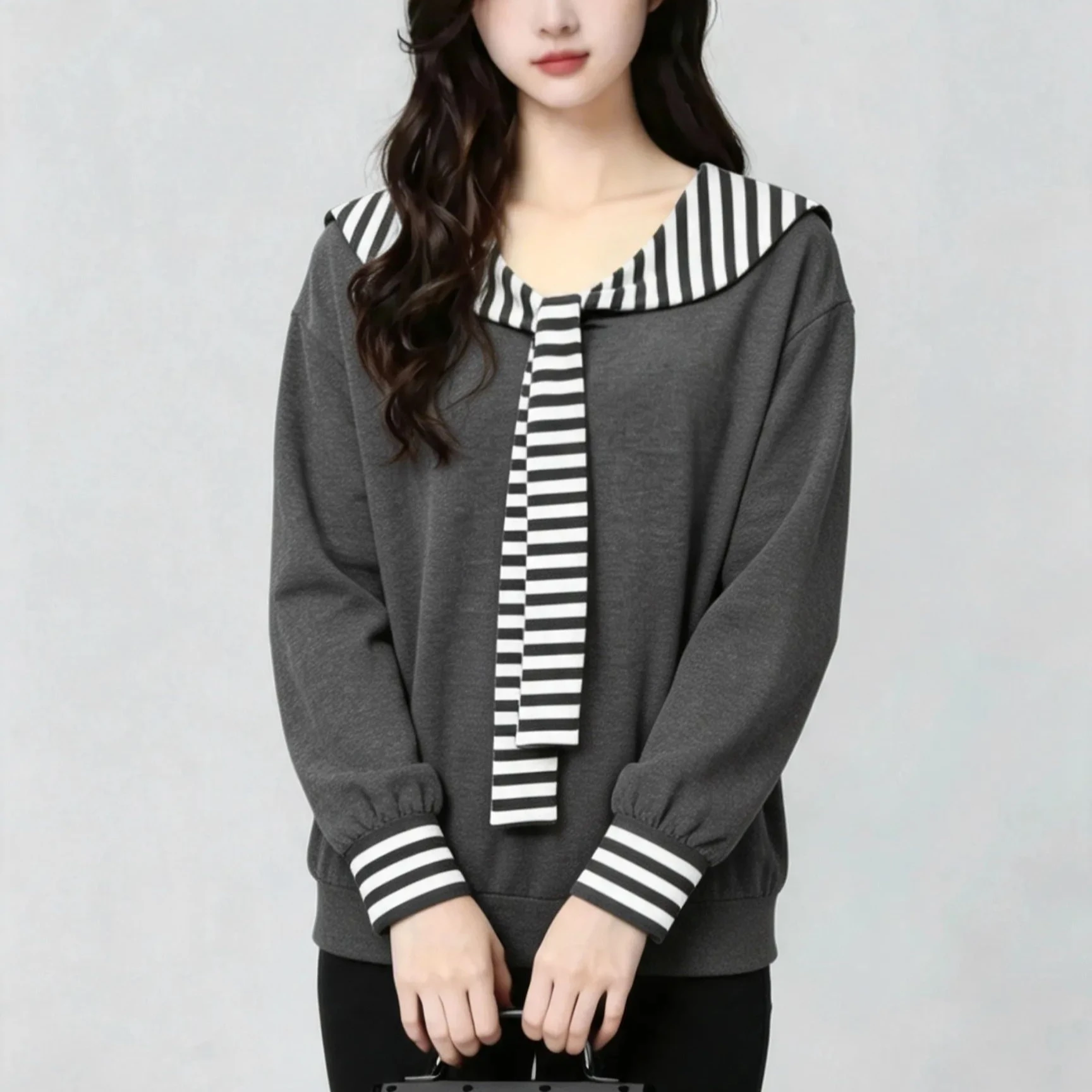 Sudadera de estilo informal para mujer, ideal para el otoño, con diseño a rayas, cuello marinero, mangas largas, corte holgado y tejido de punto.