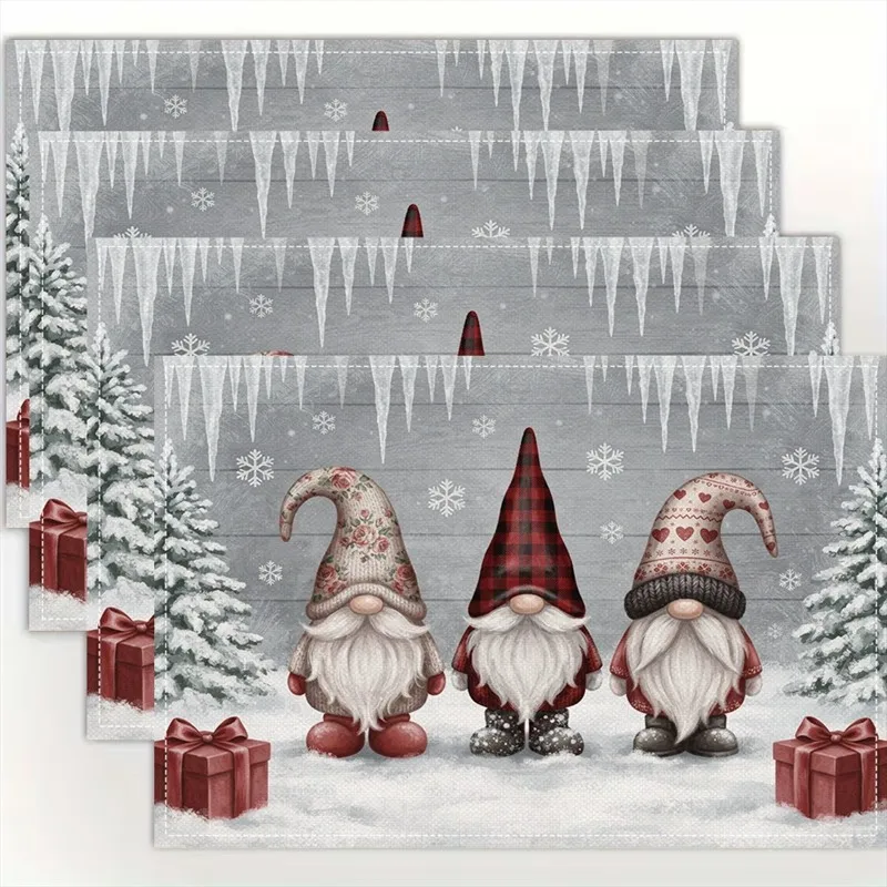 VIKAMA Linen Placemats Christmas Gnome Tomte Gray Red, Stain Resistant Easy to Clean, Dining Table Holiday Decor