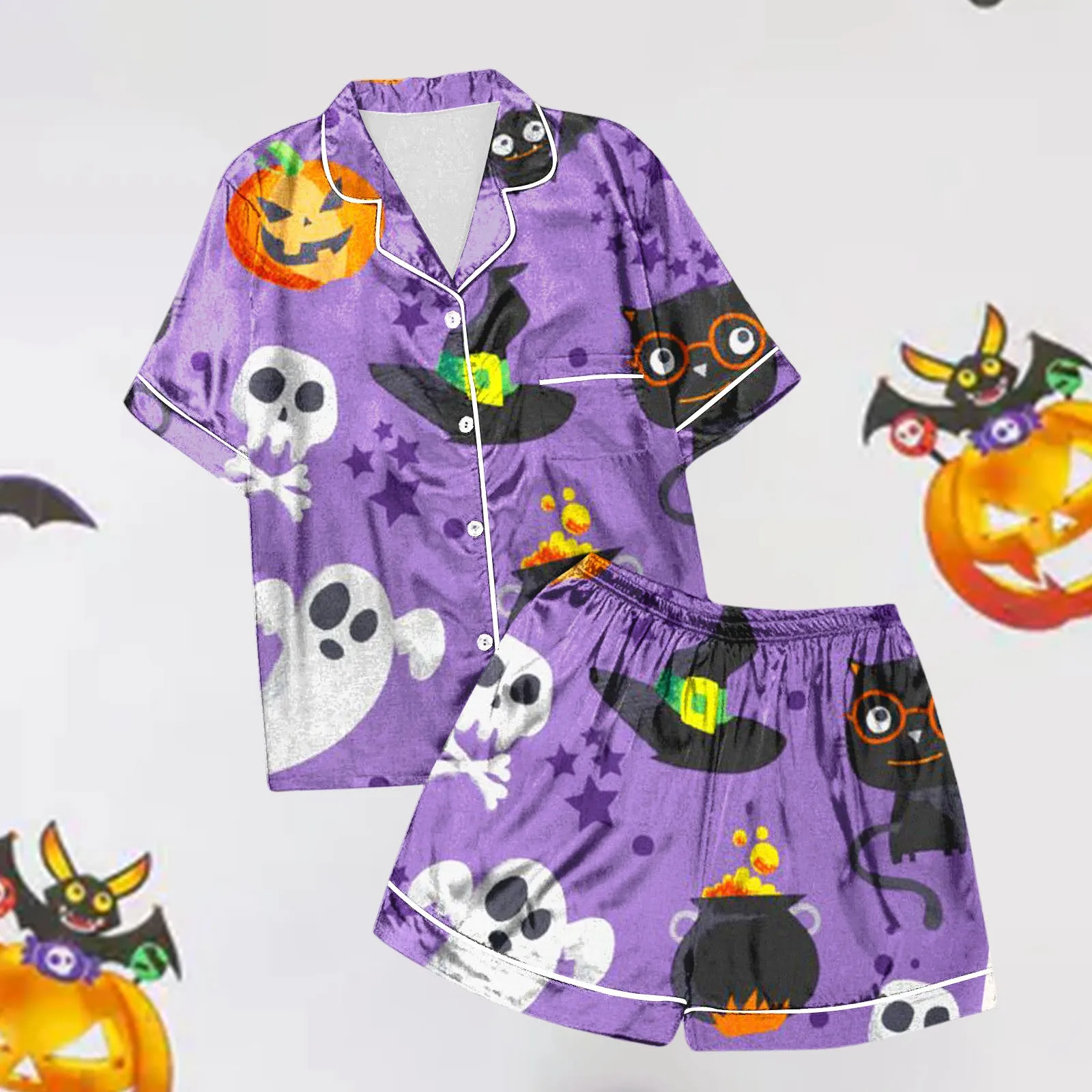 Ladies Casual Halloween Printed Pajamas And Shorts Set Womens Pajama Set Shorts пижама женская Pumpkin Ghost Printed