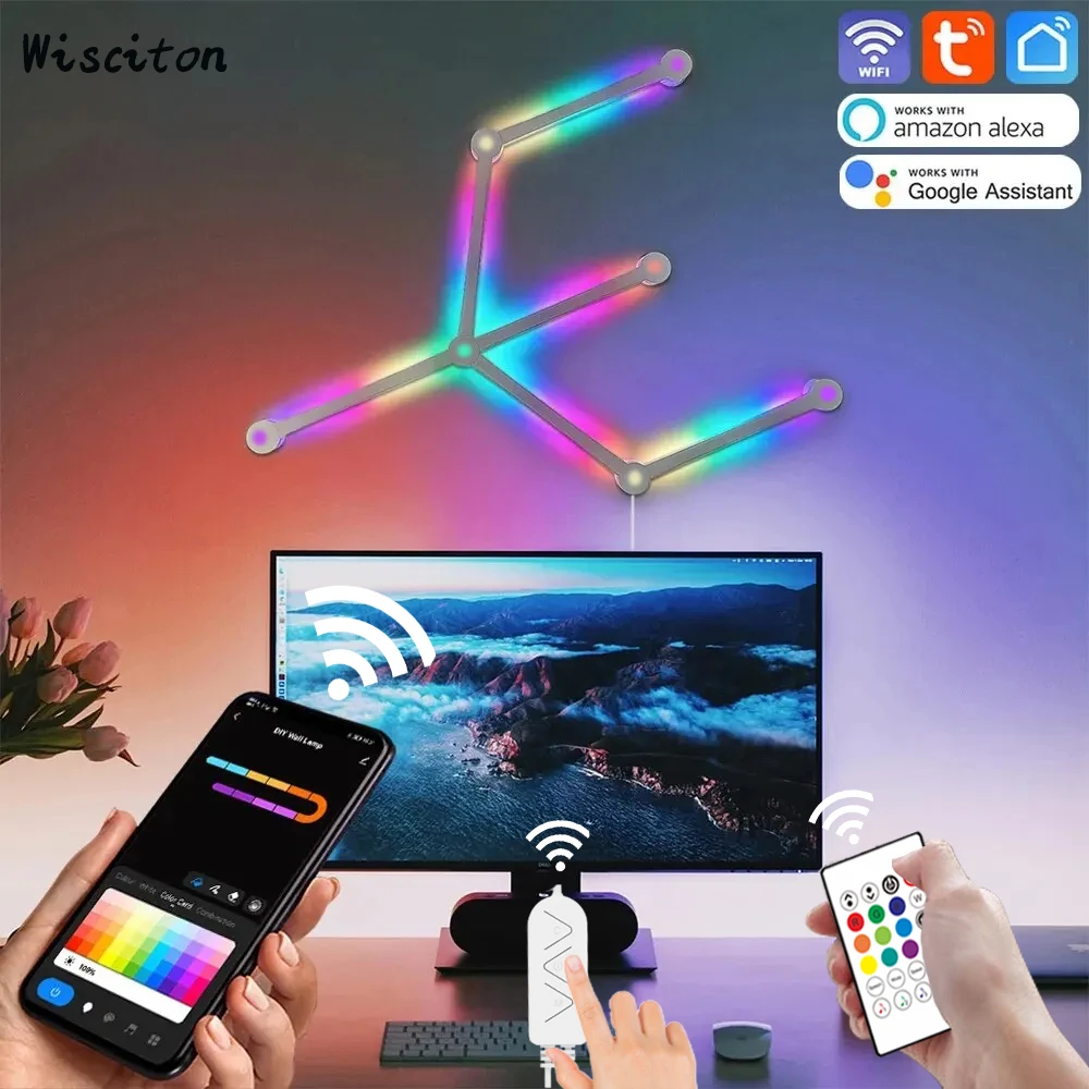 RGBIC WIFI Smart Wall Lamp Bars DIY Dimmable LED Night Light Remote Music Sync Rhythm for Party Gaming Room Backlight Home Decor