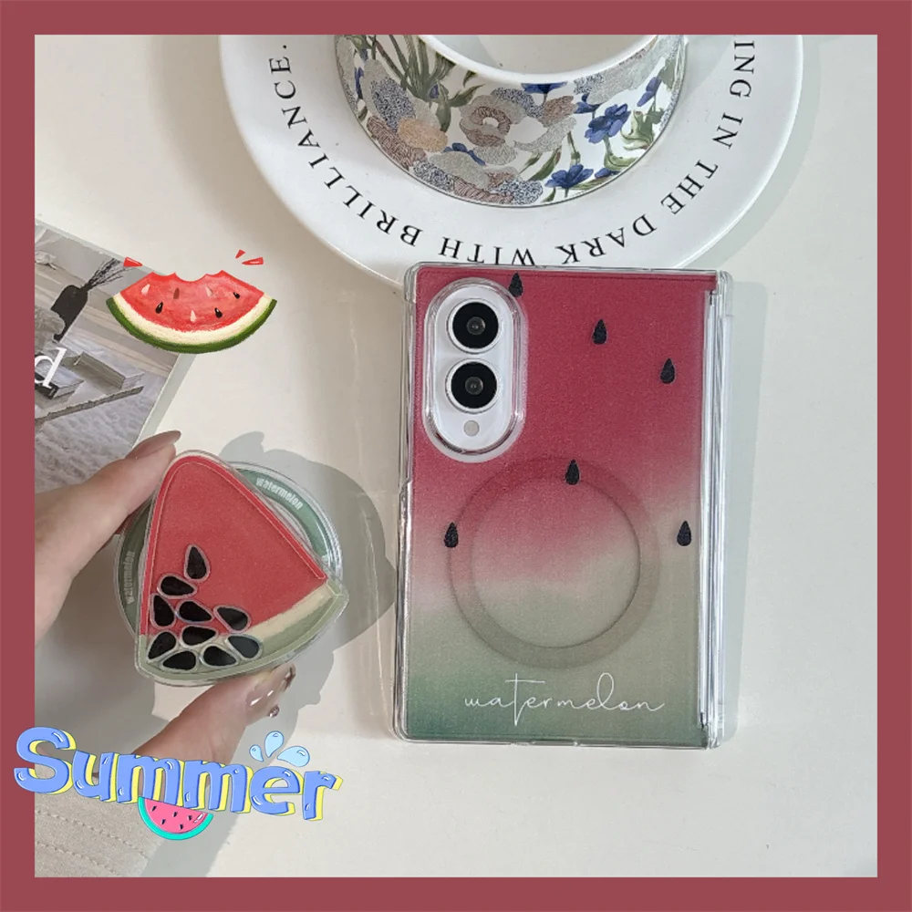 Kawaii Cartoon Pink Watermelon Magnetic Phone Case for Samsung Galaxy Z Fold 8 Ultra Cover Cute For Magsafe Stand Chain Cases