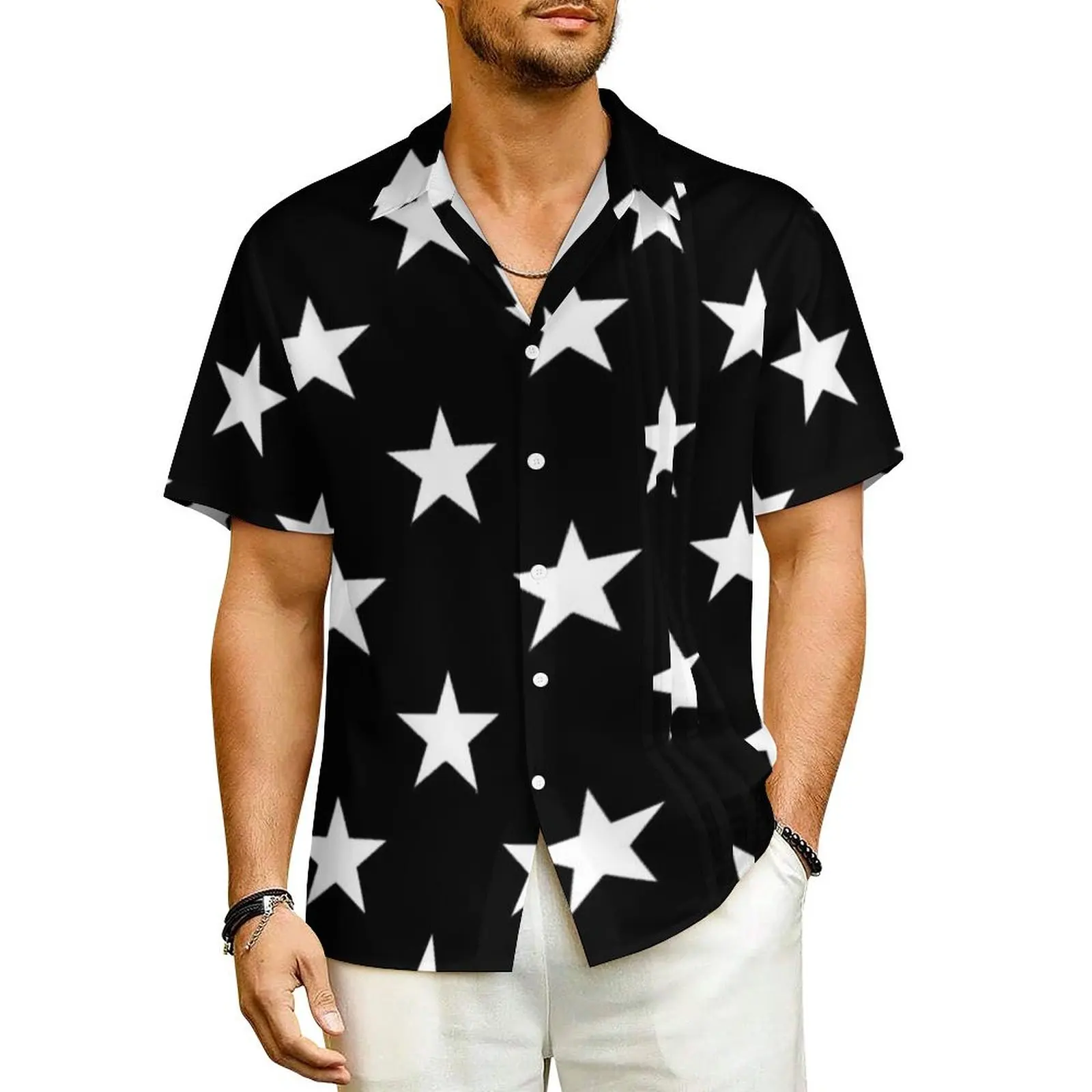 

Black And White Star Hawaiian Shirt For Man Vacation Modern Cool Casual Shirts Short Sleeve Streetwear Elegant Oversized Blouses