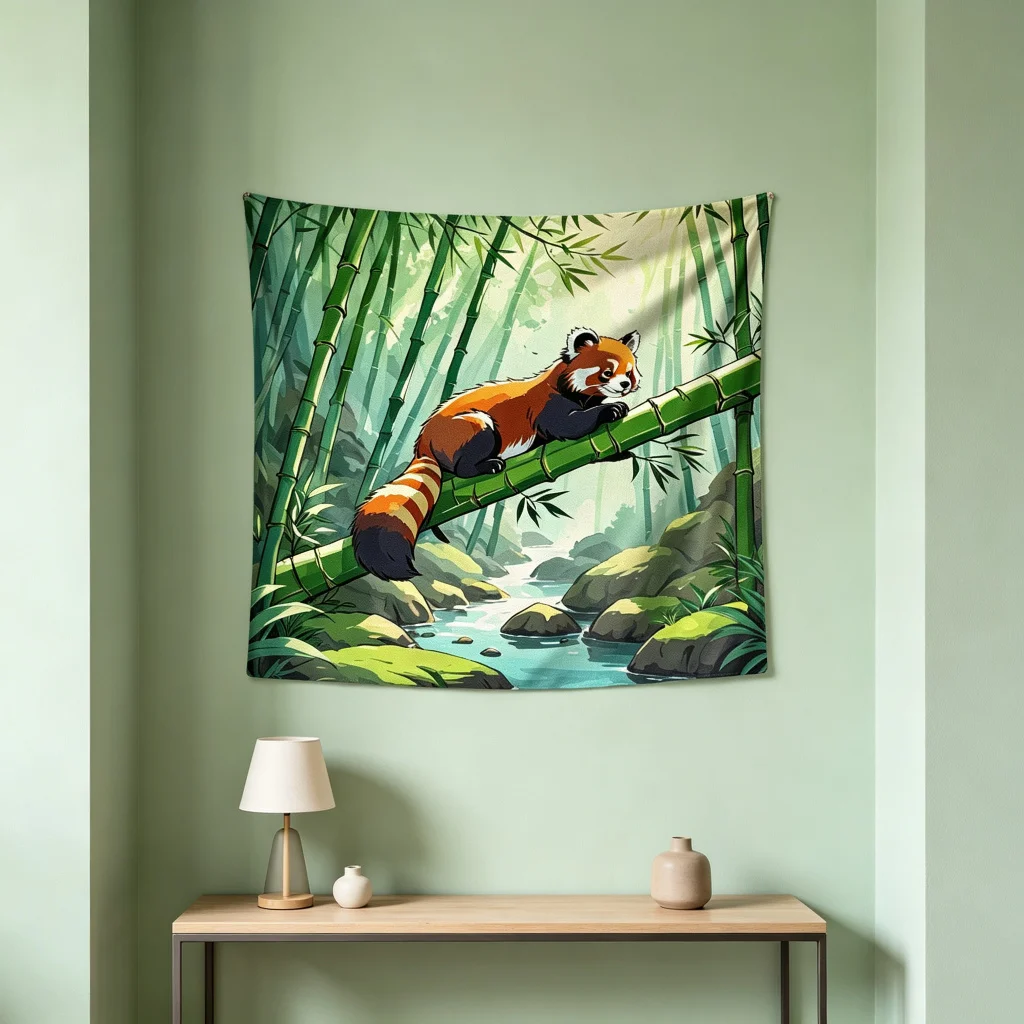 1PC Red Panda Bamboo Print Backdrop Banner, Bedroom Living Room Photo Background, Polyester Wall Hanging, Home Decor, Wall Art