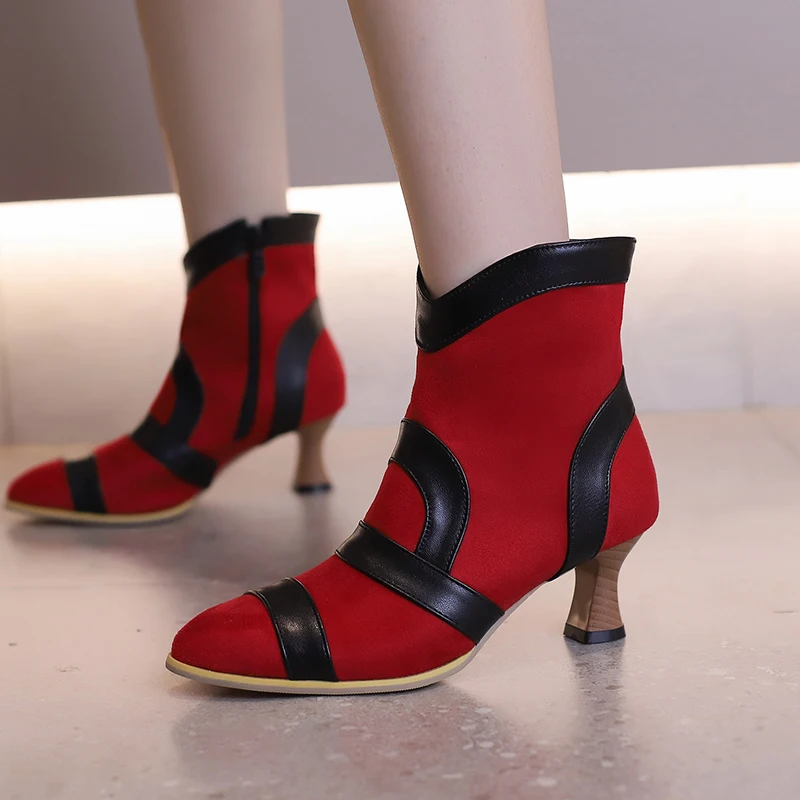 2024 new autumn winter women ankle boots plus size 22-28cm flock/PU side zip mixed colors pointed toe high heel modern boots