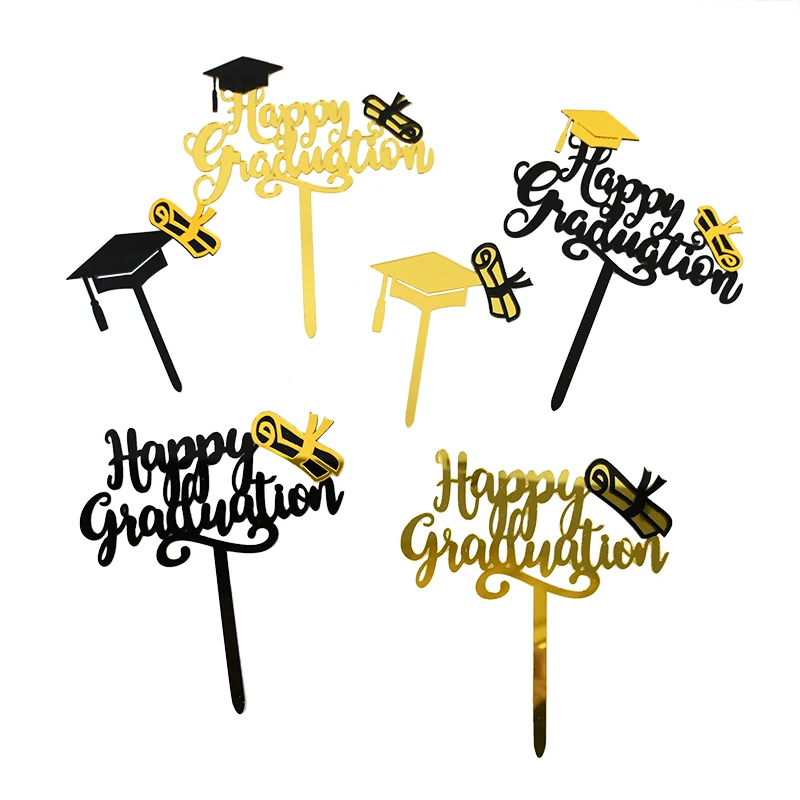 3/6pcs Black Gold Happy Graduation Cake Topper Graduation Party Acrylic Bachelor Hat Cake Toppers College Party Cake Supplies