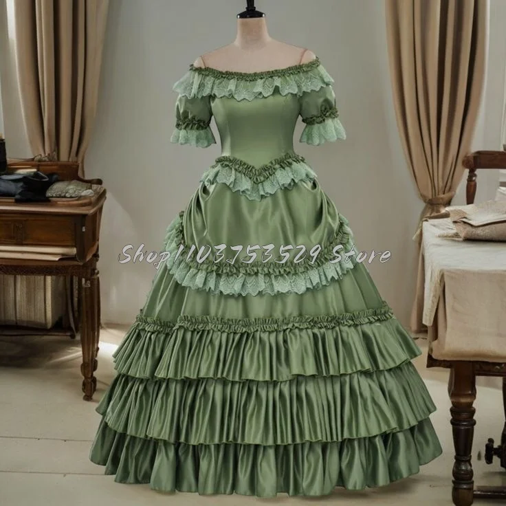 Robe de Rhvictorienne simple verte, dentelle gothique classique, nœud à volants, colonne de niveau, manches courtes, plis Play Theater, quoi que ce soit