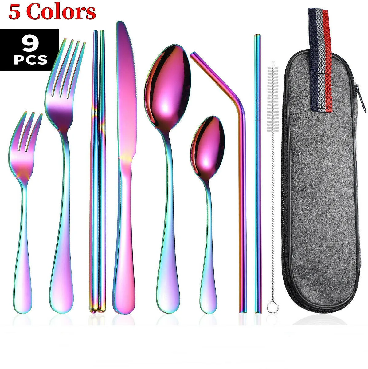 9Pcs/set Tableware Camp Cutlery Set Reusable Travel Utensils Set with stainless steel Spoon Fork Chopsticks Straw Portable Case