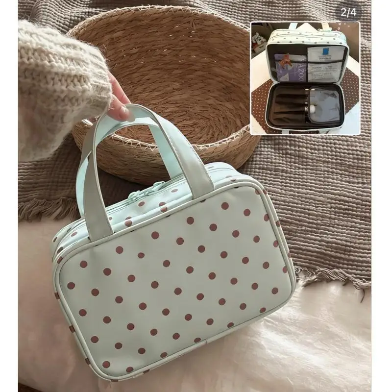 Gepunktete Handtasche für Make-up Multifunktionale Dreischichtige PU-Kosmetiktasche mit Großer Kapazität Wasserdichte Reisetasche – Detail 2