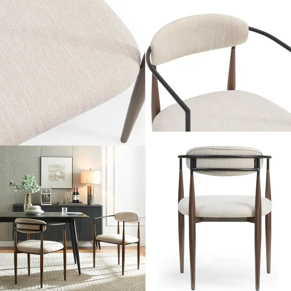 

Curved Backrest Fabric Upholstered Dining Chairs, Side or Kitchen Use, Iron Frame, Beige and Black