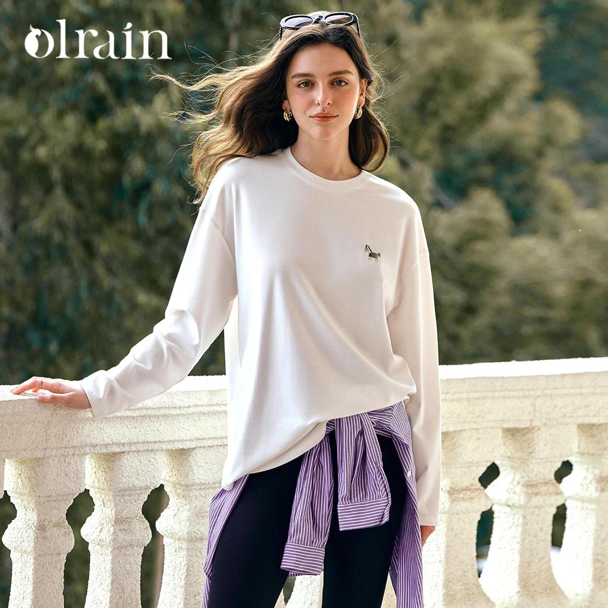 

OLrain женские повседневные футболки, осень 2024, новая свободная футболка с длинными рукавами и круглым вырезом, однотонная женская одежда для поездок на работу, топы O57QT000533