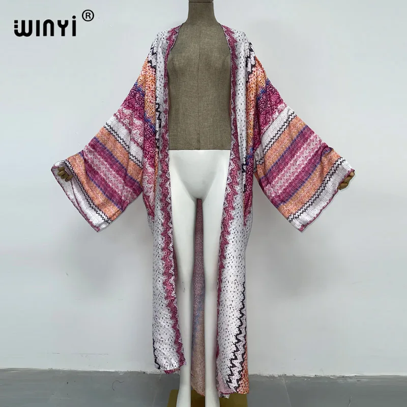 WINYI-Vestido Maxi Solto Feminino, Cardigã Longo, Coquetel, Boho Maxi, Praia, Feriado, Cobertura de Natação na Europa, Novo Kimonos Estampado, 2023