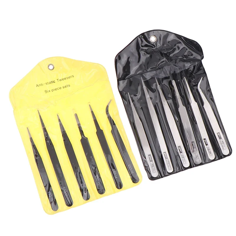 6Pcs Stainless Steel Tweezers Repair Tool Industrial Precision Bent Straight Tweezers Repair Tool