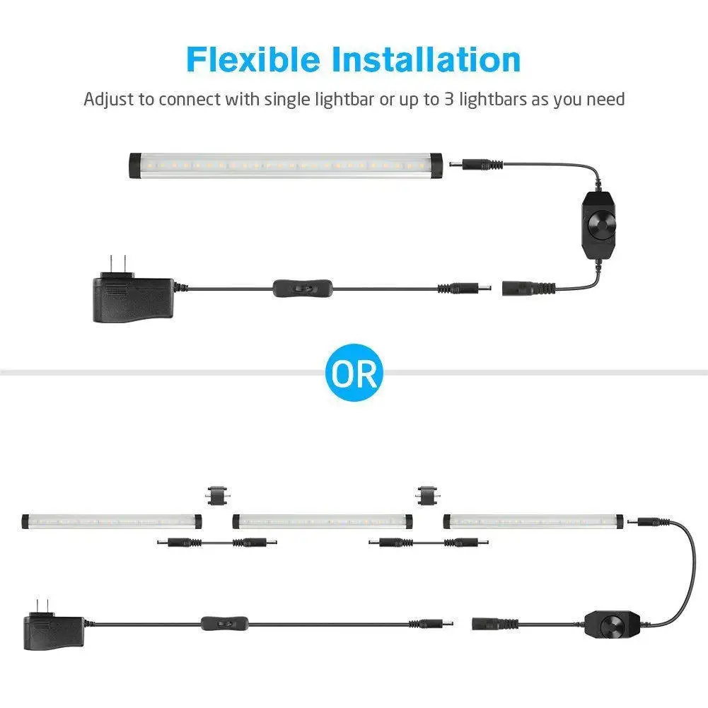 Premium Aluminum Under Cabinet LED Light Strips Kit Easy Install Rotary Knob Press Button Dimmable Brightness Adjustable Kitchen