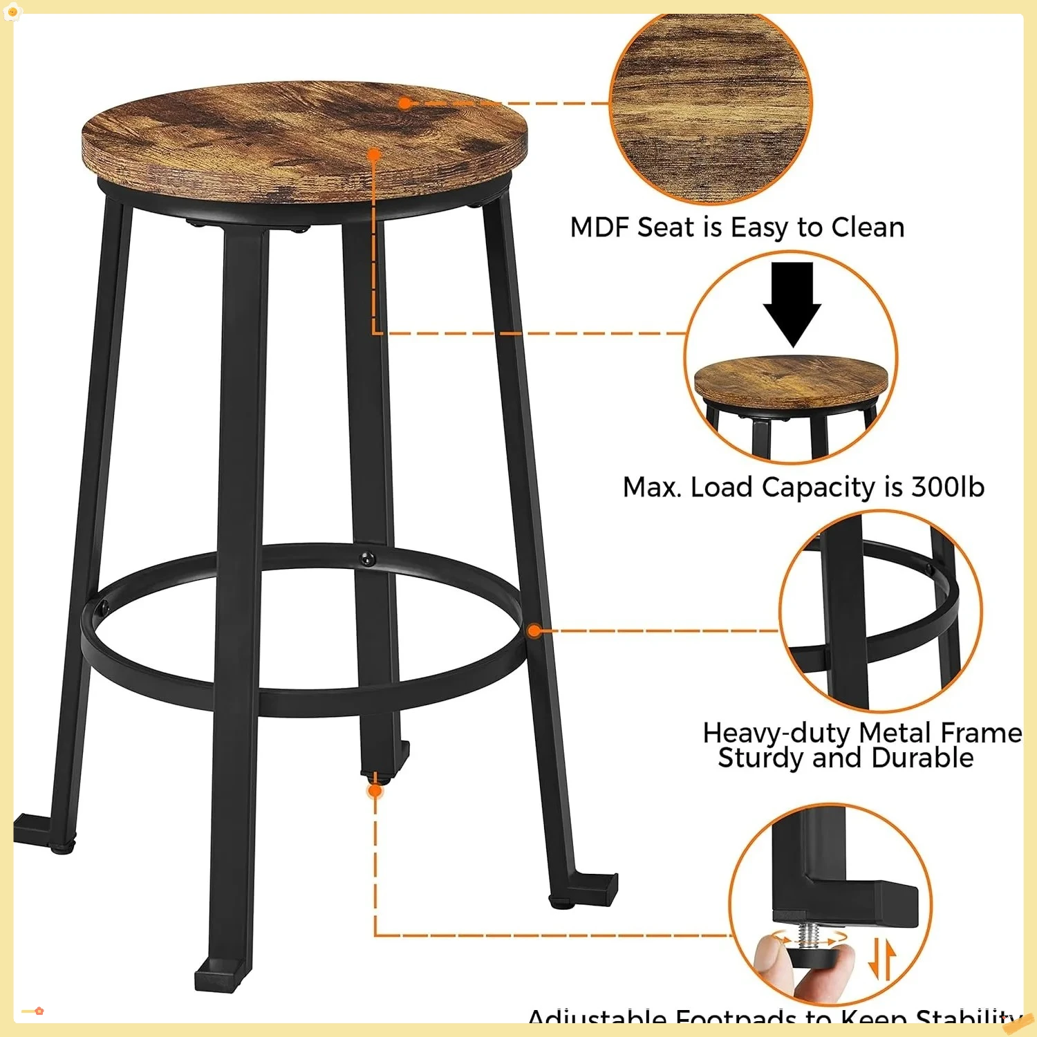 Industrial Bar Stools Set of 2, 24 Inch Backless Counter Height Stools with Metal Legs for Kitchen Island, Bar, Cafe