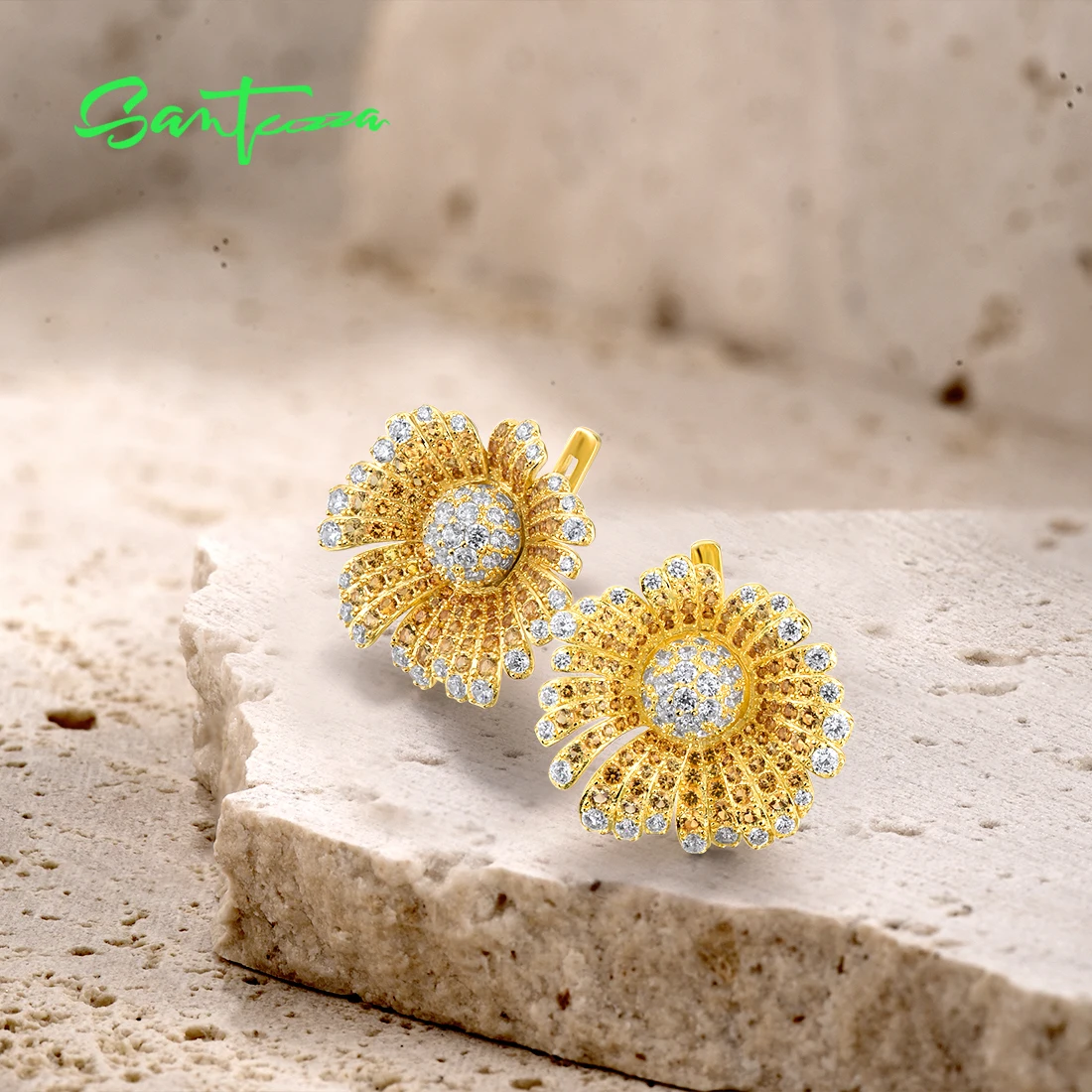 SANTUZZA Pure 925 Sterling Silver Earrings For Women Shiny Yellow Nano Crysta White CZ Luxury Sun Flower Earrings Fine Jewelry