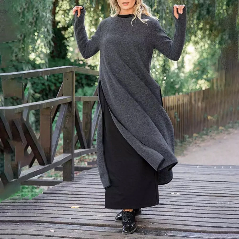 Spring and Winter Warm Women Sweater Dress Elegant Loose Plus Velvet Split O-Neck Contrast Edge Plus Size Pullovers Jumper Dress