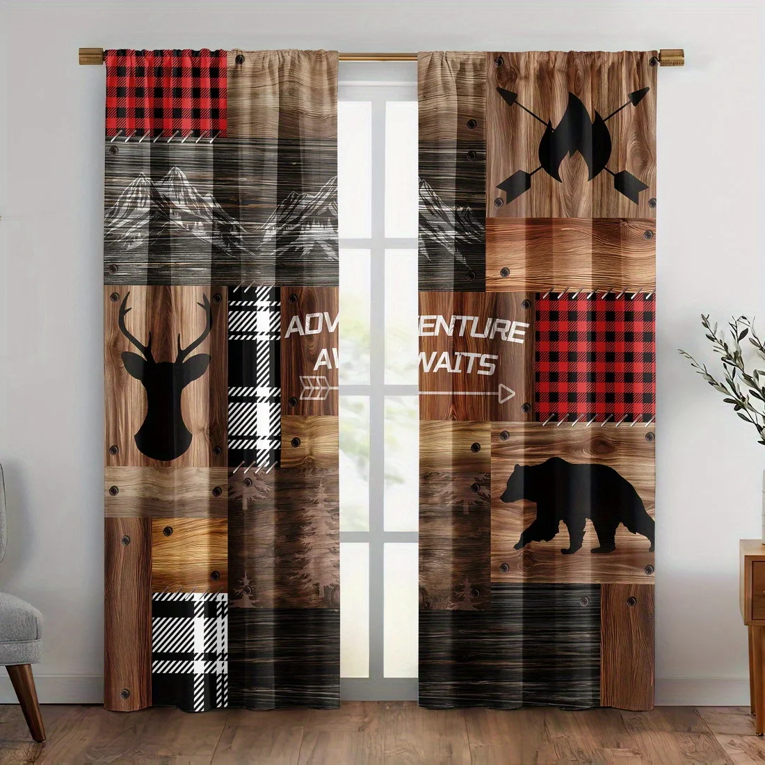 Rustic Wood Plaid Deer Bear Curtain 2 Panels Mountain Fire Arrow Adventure Master Bedroom Print Window Curtain Cabin Hunting