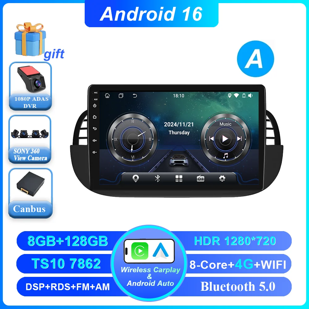 Auto DVD Android 16 Radio Stereo voor Fiat 500 2007-2015 Auto Multimedia Speler GPS Navigatie Hoofdunit Hoge-Prestatie CPU WIFI