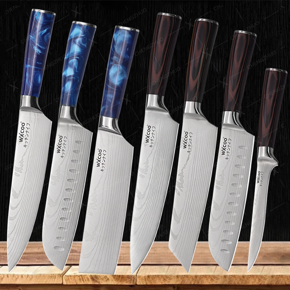 

Japanese Santoku Meat Cleaver Slicing Knife Professional Damascus Laser Pattern Kitchen Knives Chef Stainless Steel Boning Knife
