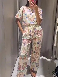 HH Vintage Print Set for Woman Summer Fashion Short Sleeves O-neck Shirt Casual T-shirt Female Elastic Waist Long Pants