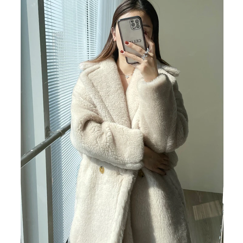 Sheepskin Coat for Women Winter Warm Soft Cashmere Manteau Femme Loose Oversize Double-breasted Pocket Long Beige Lamb Fur Coats