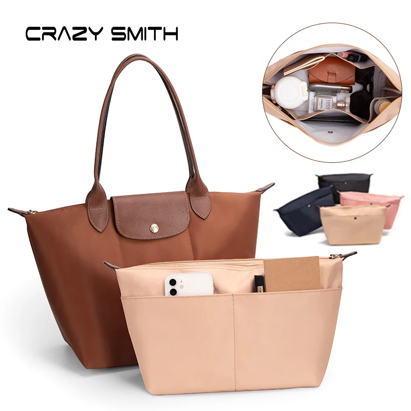 CRAZYSMITH Insert Bag Organizer For Longchamp Tote Bags Handbag S/M/L Luxury Nylon Purse Organizer Zipper Inner Bag Shaper