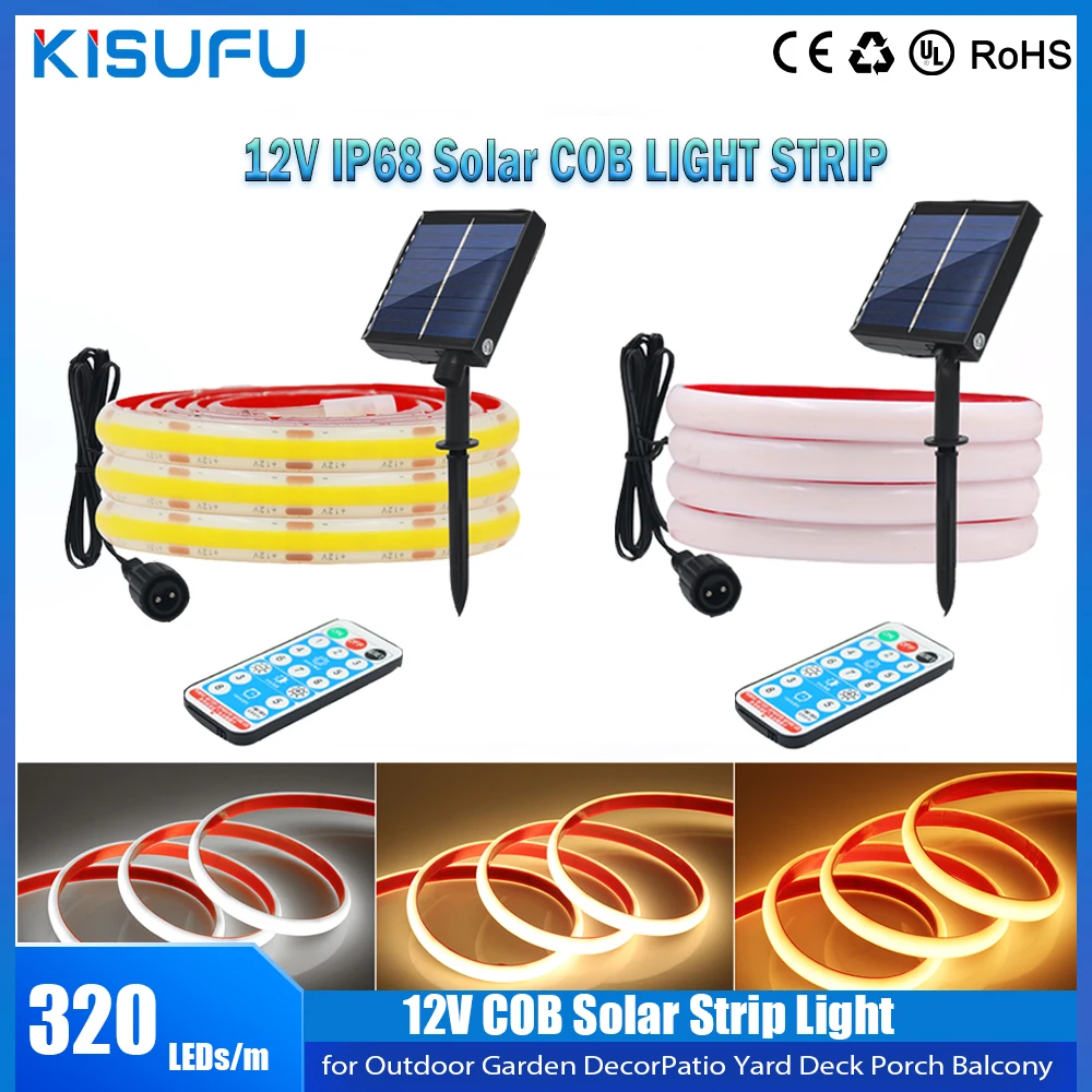 12V COB Solar Strip Light Outdoor 320LEDs/M P68 Flexible Tube Rope Tape Solar Lamp Ribbon Waterproof  for Swim Pool Garden Decor