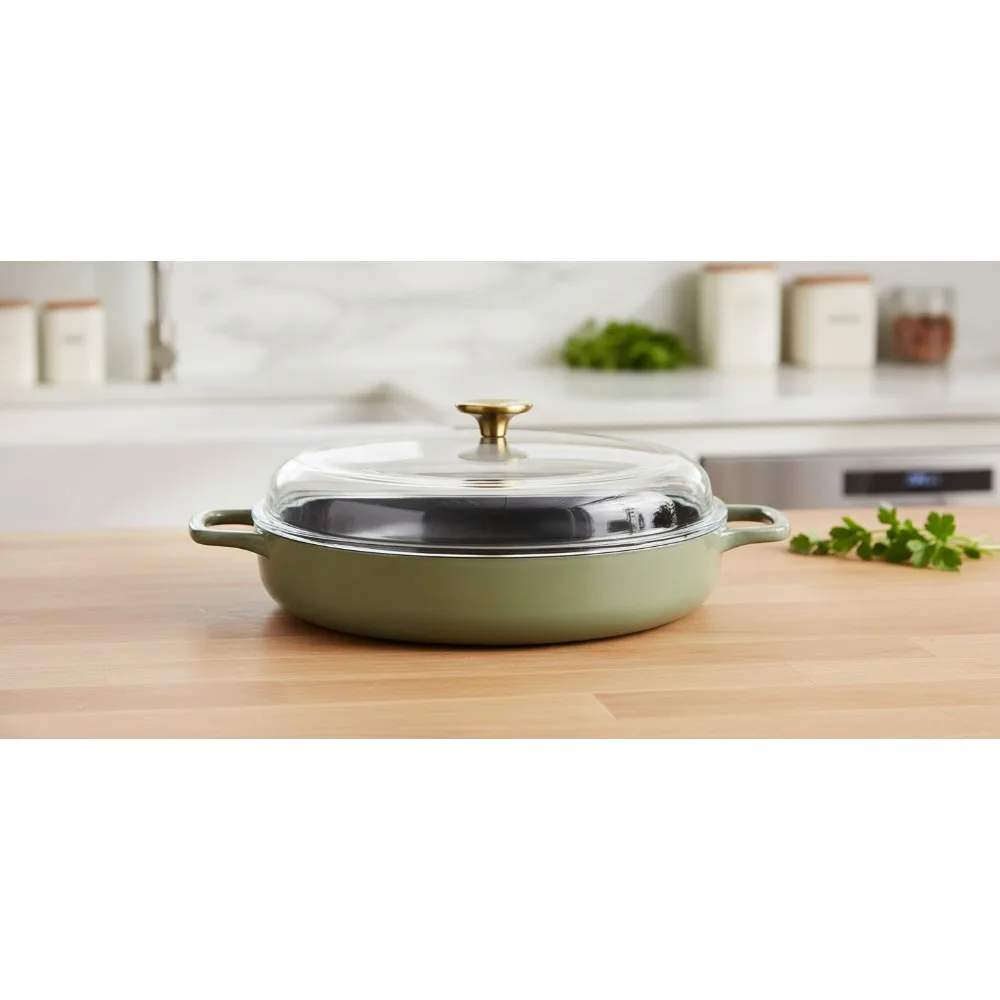 

3.75 Quart Enamel Cast Iron Braiser Pan with Glass Lid - 7-in-1 Multi-Purpose Nonstick Cookware for Home Chefs & Family Cooking
