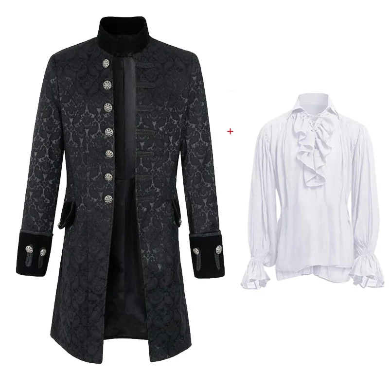 Medieval Vampire Cosplay Costume Steampunk Jacket Vest Coat Victorian Ghost Gothic Blazer Suits Stand Collar Trench Men\'s Shirt