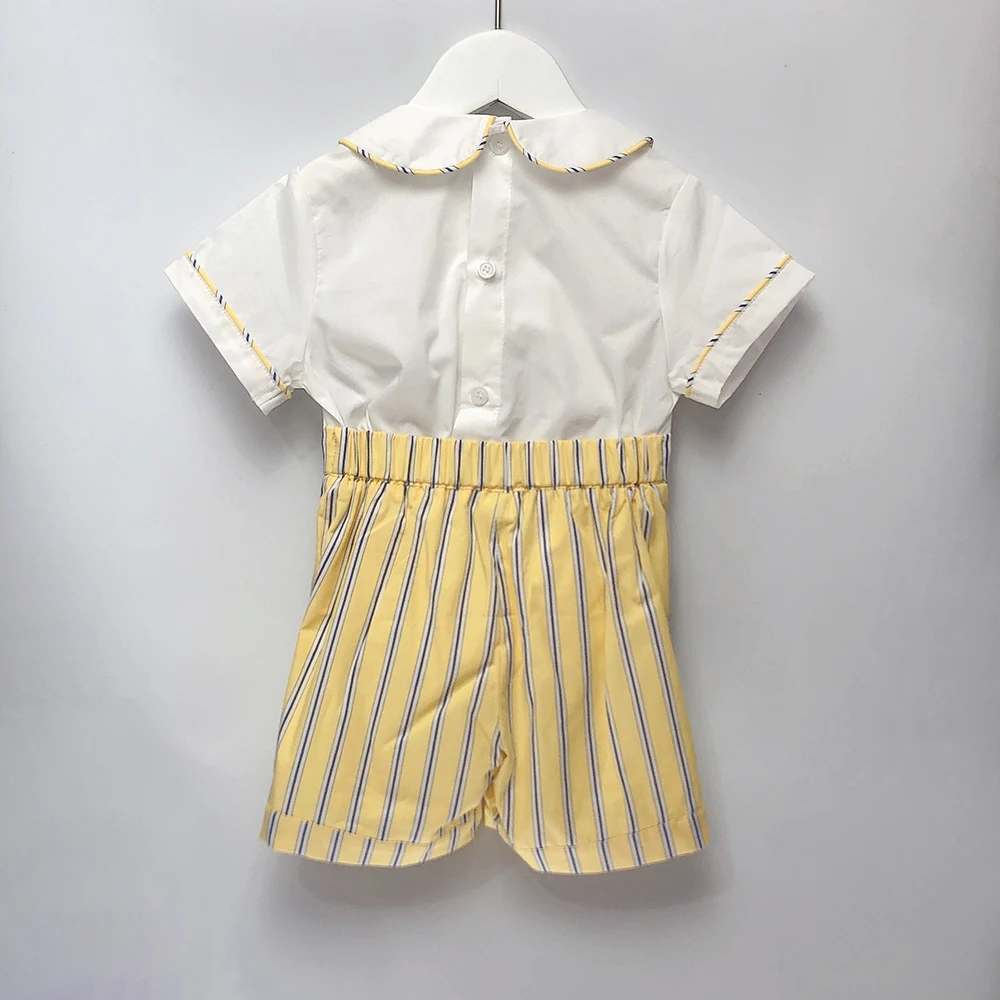 Children Boutique Clothing Summer Short Sleeve Boys Handmade Smocked Clothes Yellow Striped Set Christening Suit Easter Clothes