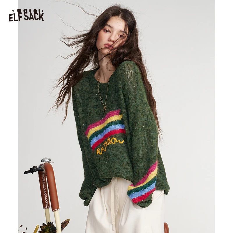 ELFSACK Women's Casual Knit Sweater with Rainbow Stripe Print, Long Sleeve Loose Colorful Top for Everyday Wear