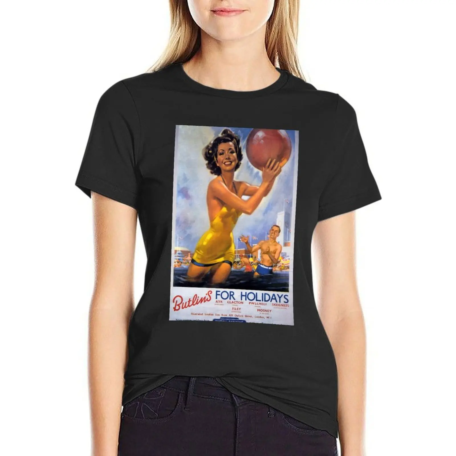 Póster de Ferrocarril Británico Vintage para Butlins, camiseta de los años 50, ropa estética hippie, camiseta, vestido para mujer