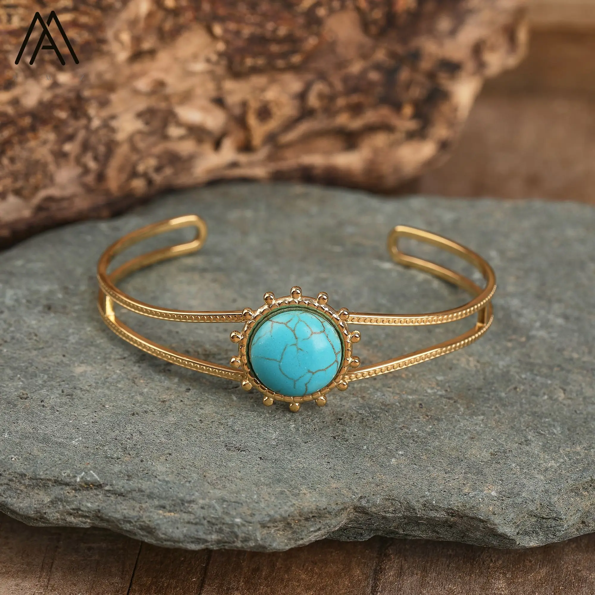 Minimalist Bangle Turquoises Stone Stainless Steel Open Cuff Bracelets for Women Trendy Jewelry Vintage Gift