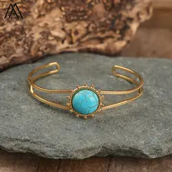 Minimalist Bangle Turquoises Stone Stainless Steel Open Cuff Bracelets for Women Trendy Jewelry Vintage Gift