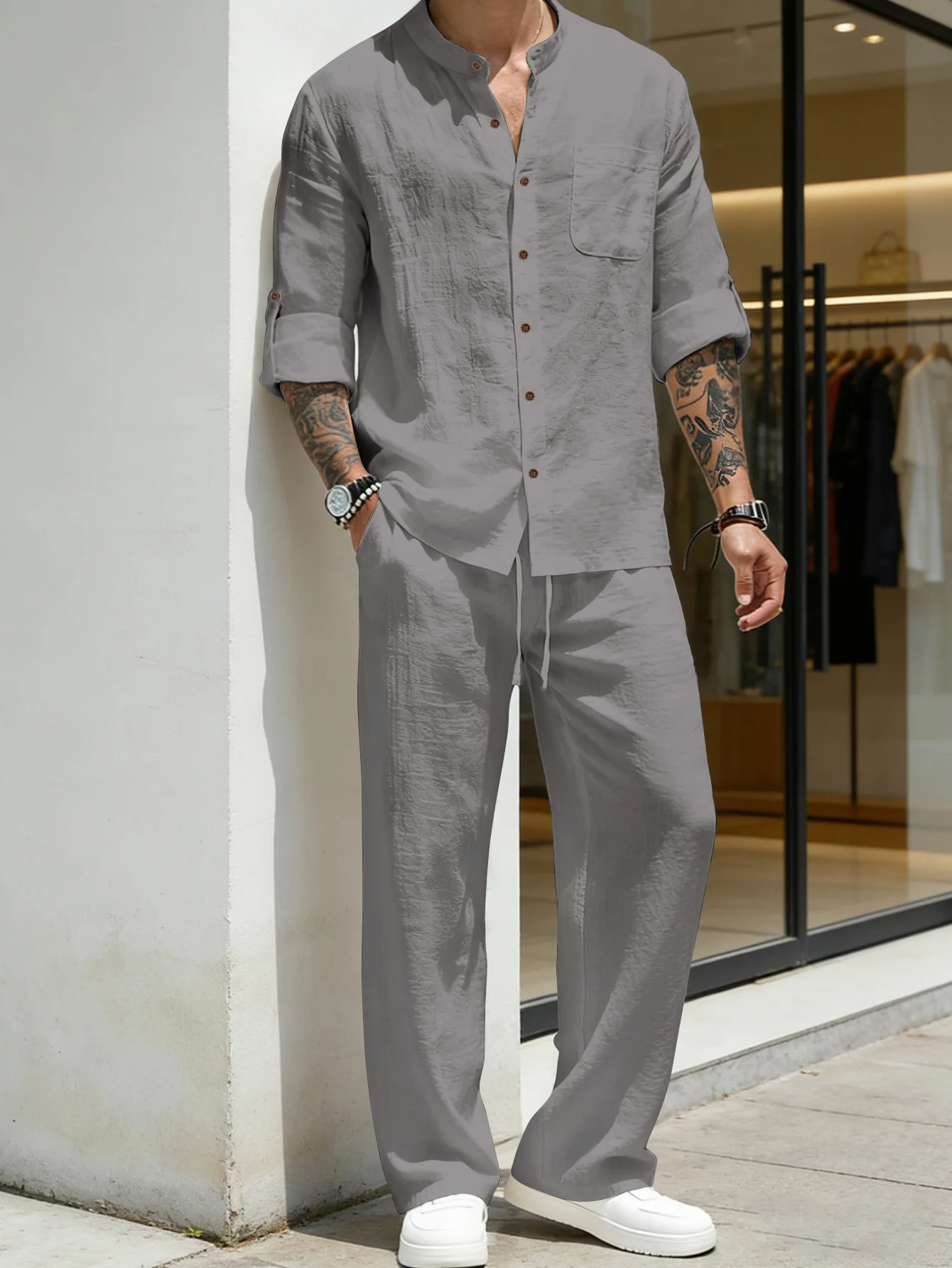 Suit Loose Linen Long Sleeve Shirt And Pants Beach Set for Men Casual Comfortable Breathable Four Season American Style ZY-4345 view 4