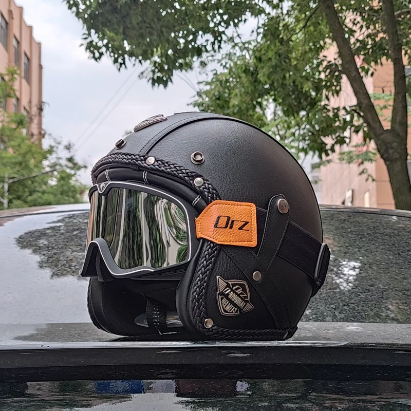 

ORZ adult retro cruise 3/4 half helmet PU leather motorcycle helmet with sun visor DOT certification