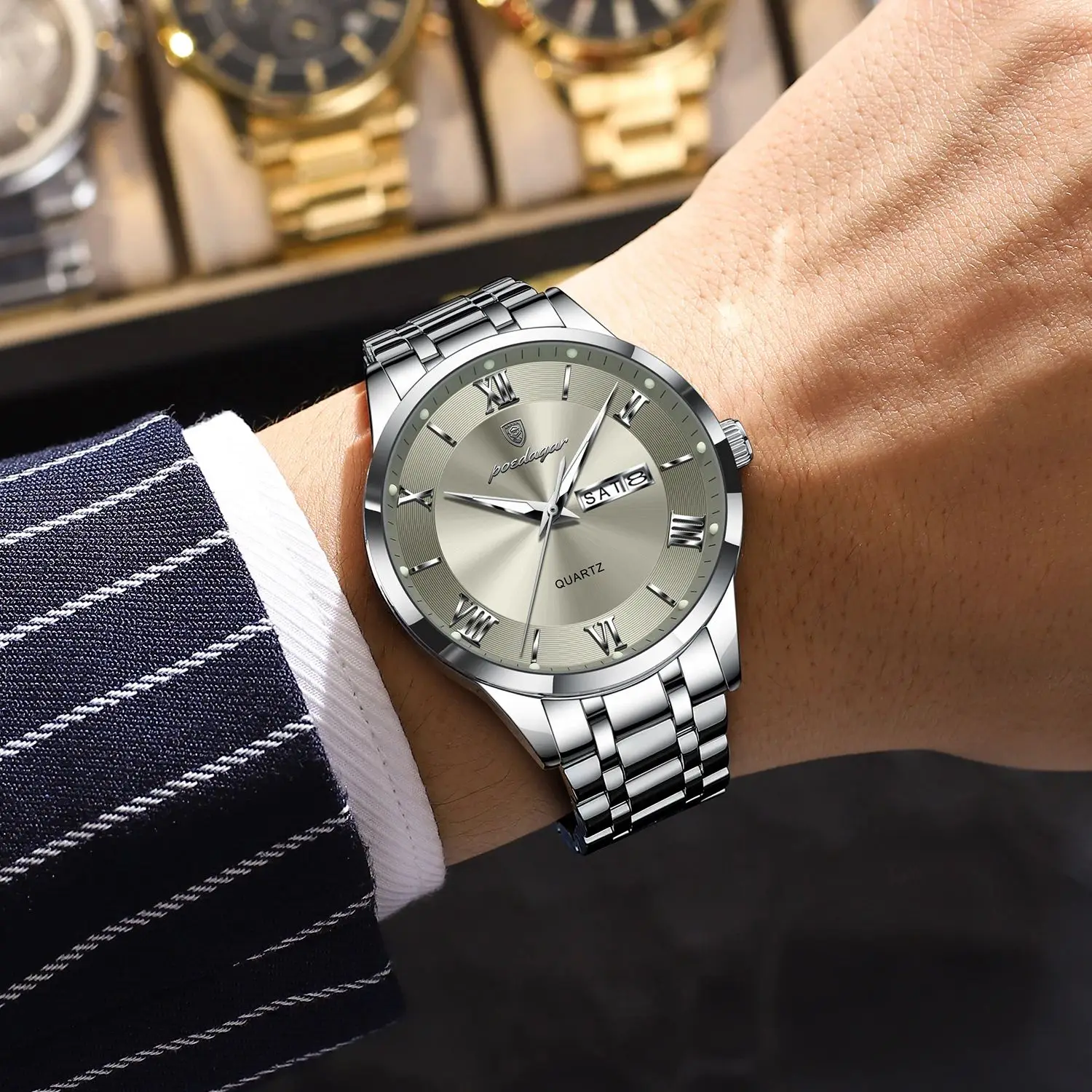 POEDAGAR Luxury Fashion Men Clock Waterproof Luminous Week Date Sports Man Wristwatch Stainless Steel Men's Quartz Watches Reloj